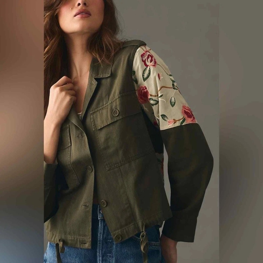 Tiny Leslie by Anthropologie Jacket sz Small Embroidered Dark Green Utility - Picture 3 of 13